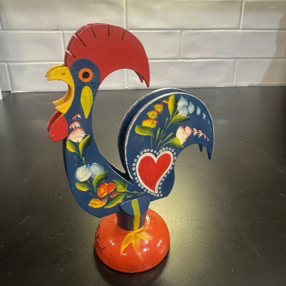 Portugal Painted Folk Art Wooden Rooster Letter Holder Wood Bird Portuguese 7.5